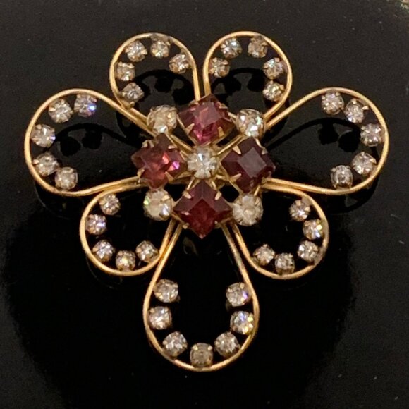 Vtg 12K GF Harper Amethyst & Clear Rhinestones Spiral Abstract Flower Brooch - Picture 1 of 8